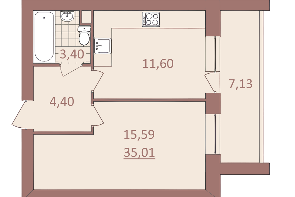 Продаётся 1-комнатная квартира, 35.01 м²