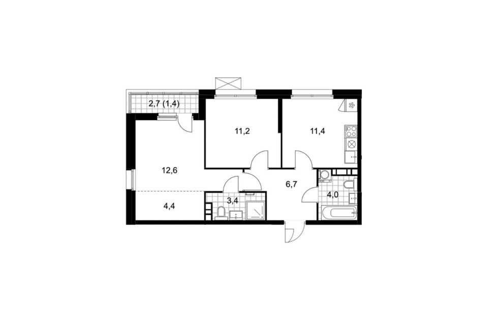 Продаётся 2-комнатная квартира, 55.1 м²