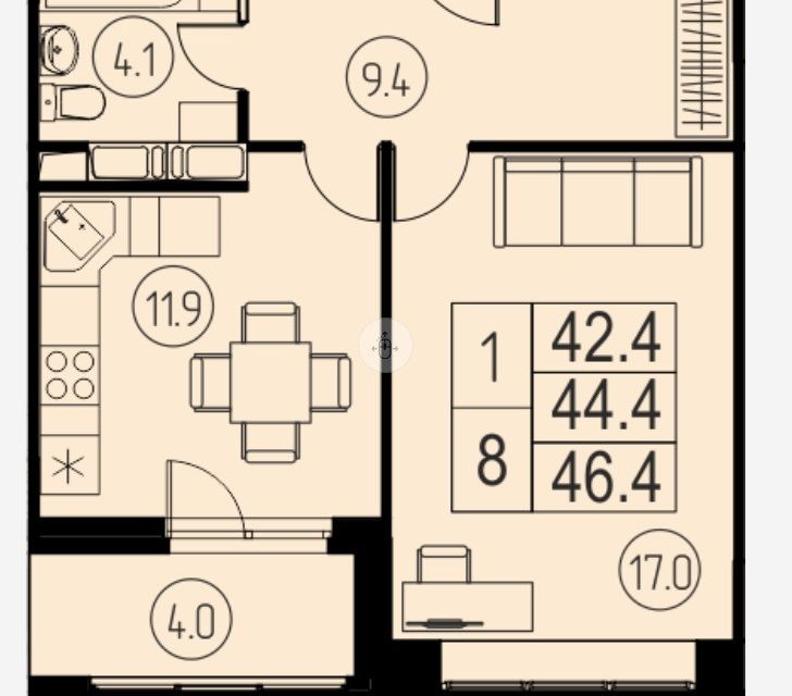 Продаётся 1-комнатная квартира, 42.2 м²