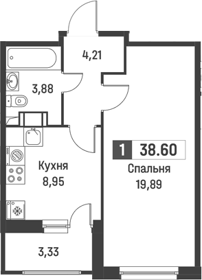 Продаётся 1-комнатная квартира, 38.6 м²