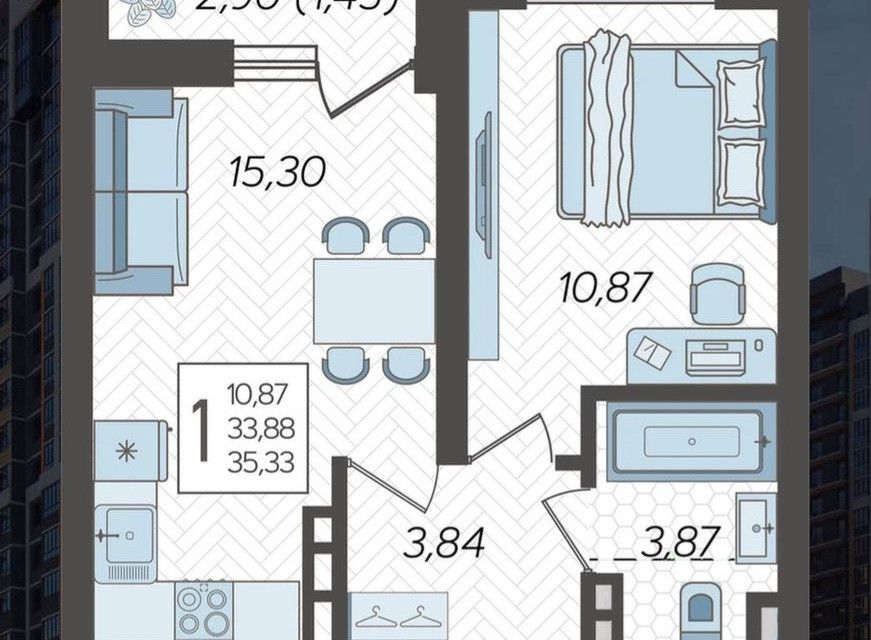 Продаётся 1-комнатная квартира, 35.33 м²