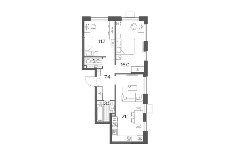 Продаётся 2-комнатная квартира, 61.7 м²