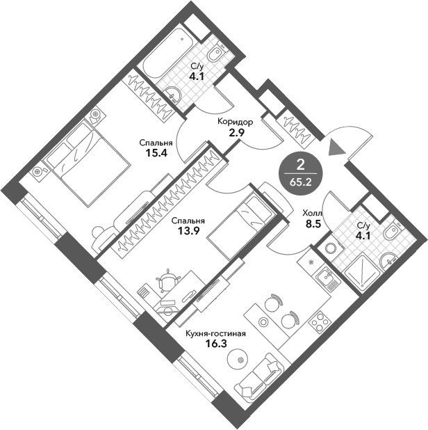 Продаётся 2-комнатная квартира, 65.2 м²