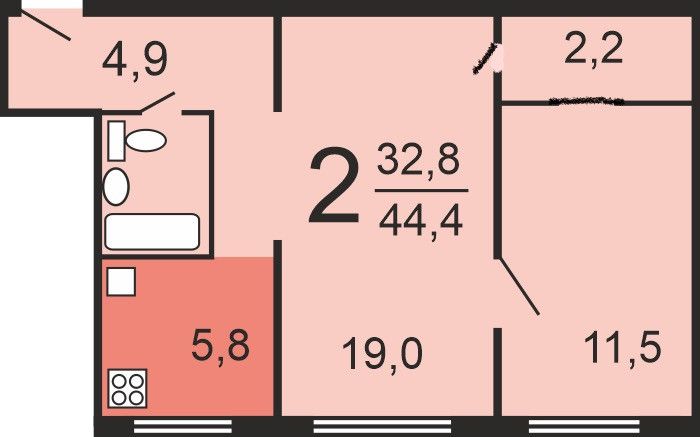 Продаётся 2-комнатная квартира, 44.6 м²