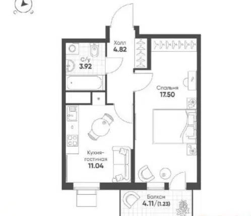 Продаётся 1-комнатная квартира, 38.51 м²