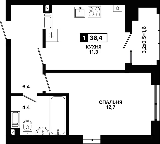 Продаётся 1-комнатная квартира, 36.4 м²
