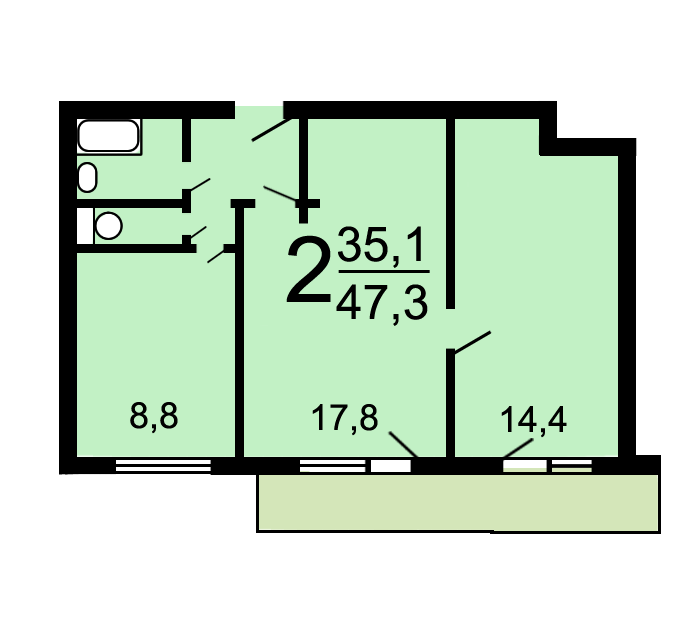 Продаётся 2-комнатная квартира, 47.3 м²