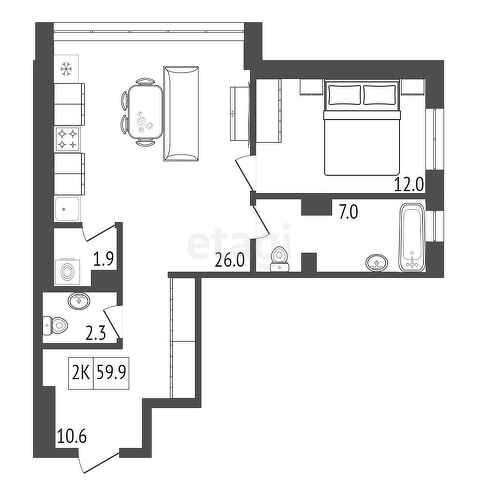 Продаётся 1-комнатная квартира, 59.9 м²