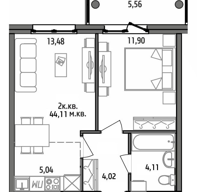 Продаётся 1-комнатная квартира, 44.11 м²