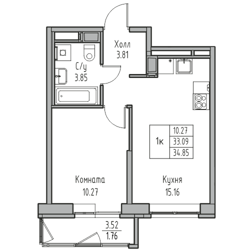 Продаётся 1-комнатная квартира, 34.9 м²