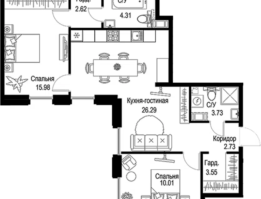 Продаётся 2-комнатная квартира, 69.22 м²