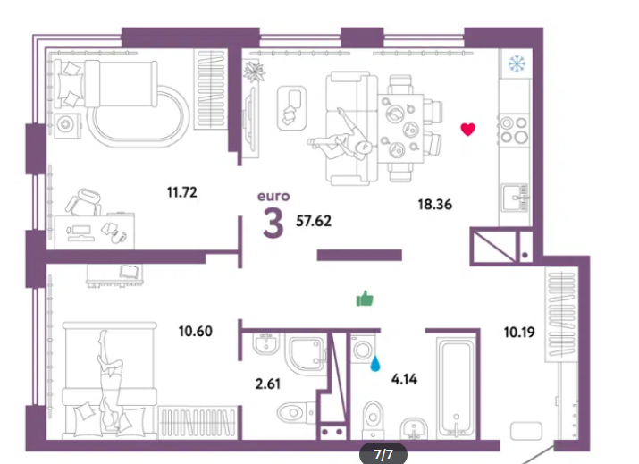 Продаётся 2-комнатная квартира, 57.6 м²