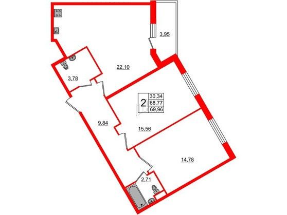 Продаётся 2-комнатная квартира, 69 м²