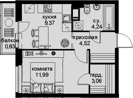 Продаётся 1-комнатная квартира, 33.2 м²