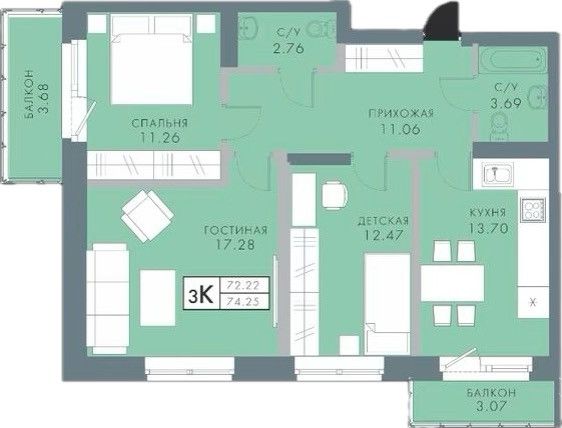 Продаётся 3-комнатная квартира, 72.4 м²