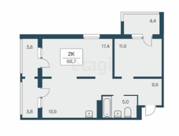 Продаётся 2-комнатная квартира, 68.3 м²