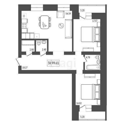 Продаётся 2-комнатная квартира, 100.77 м²