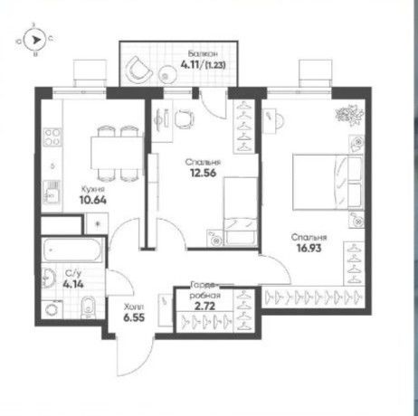Продаётся 2-комнатная квартира, 54.77 м²