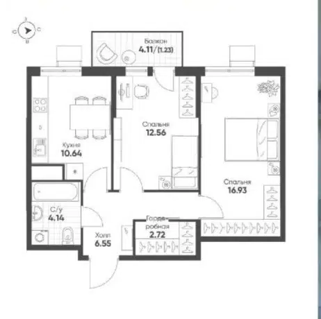 Продаётся 2-комнатная квартира, 54.77 м²