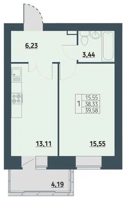Продаётся 1-комнатная квартира, 38.1 м²