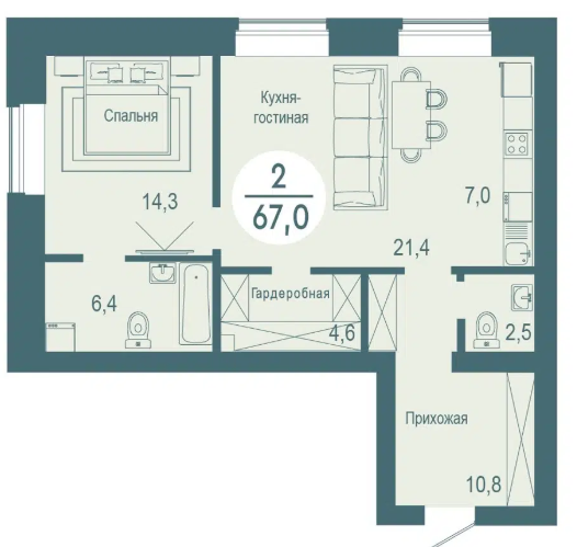 Продаётся 1-комнатная квартира, 67 м²