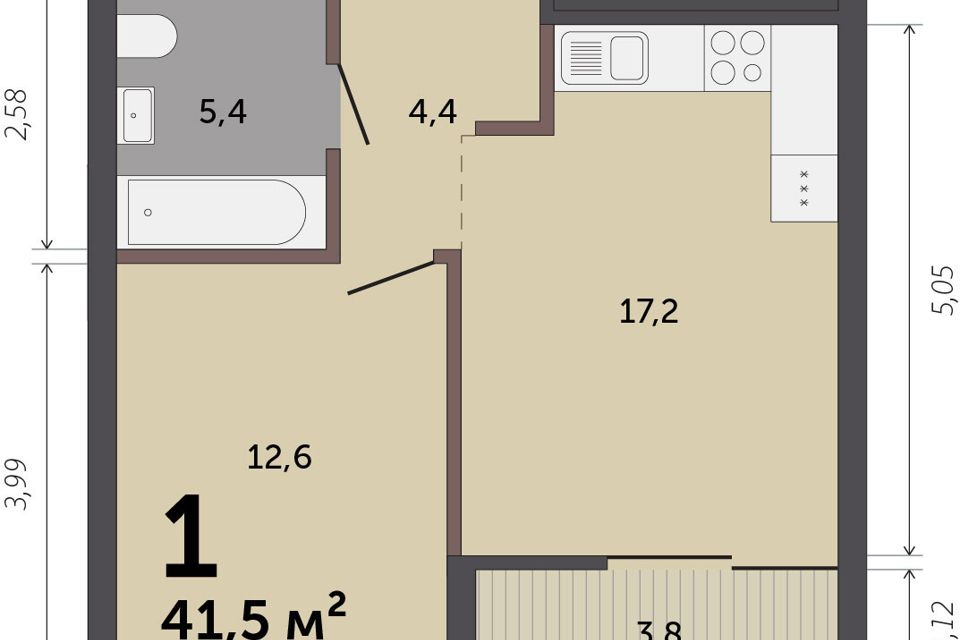 Продаётся 1-комнатная квартира, 41.5 м²