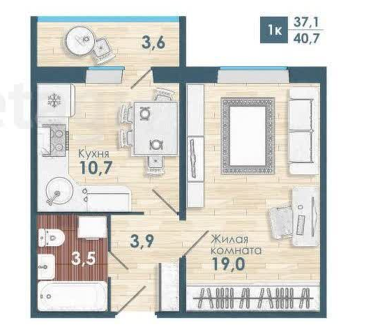 Продаётся 1-комнатная квартира, 40.7 м²