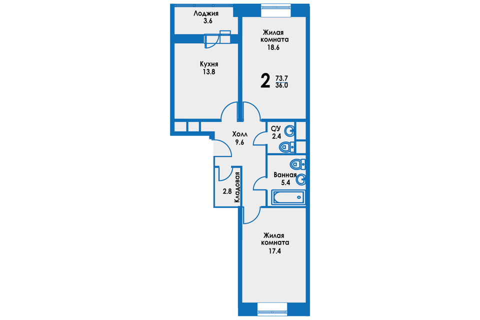 Продаётся 2-комнатная квартира, 71.3 м²