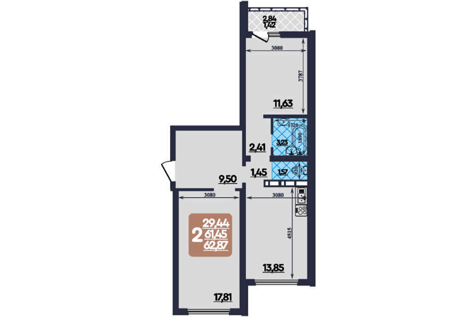 Продаётся 2-комнатная квартира, 62.8 м²