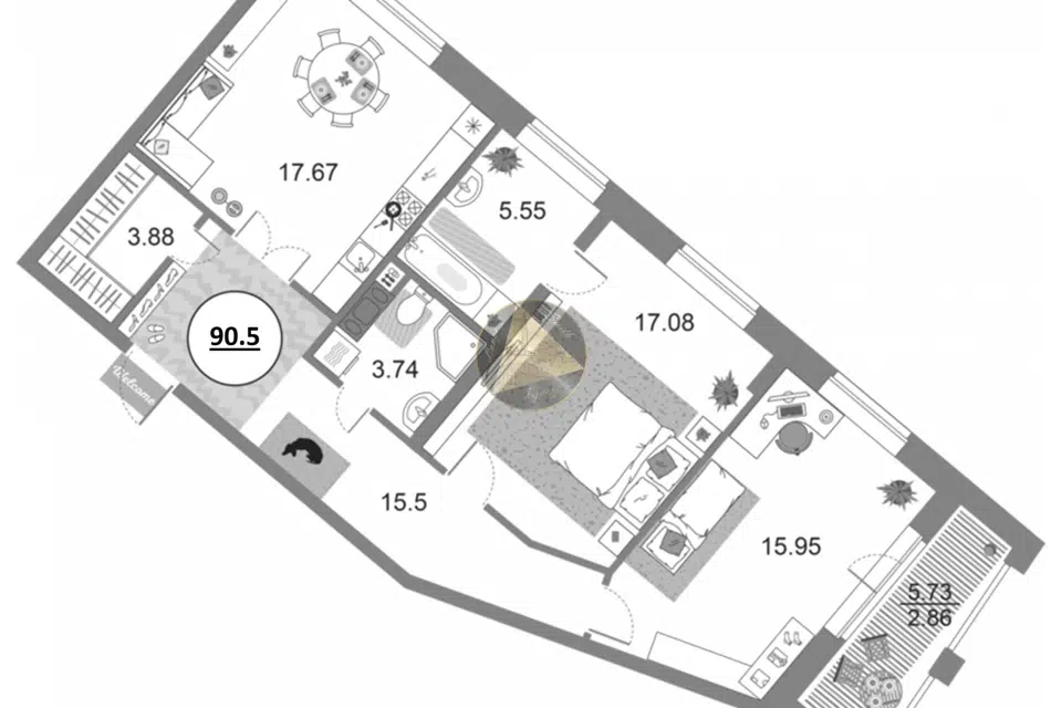 Продаётся 2-комнатная квартира, 90.5 м²