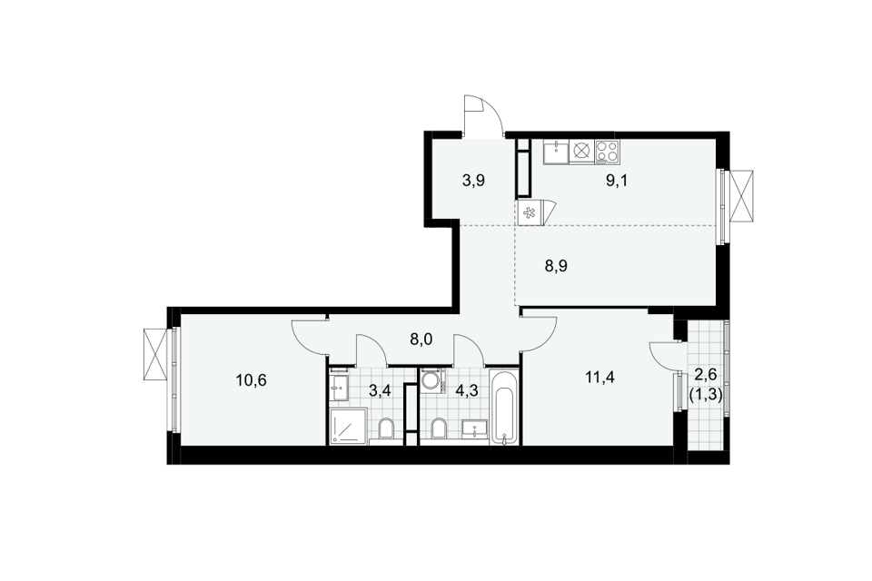 Продаётся 2-комнатная квартира, 60.9 м²