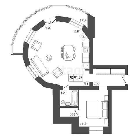 Продаётся 1-комнатная квартира, 91.97 м²