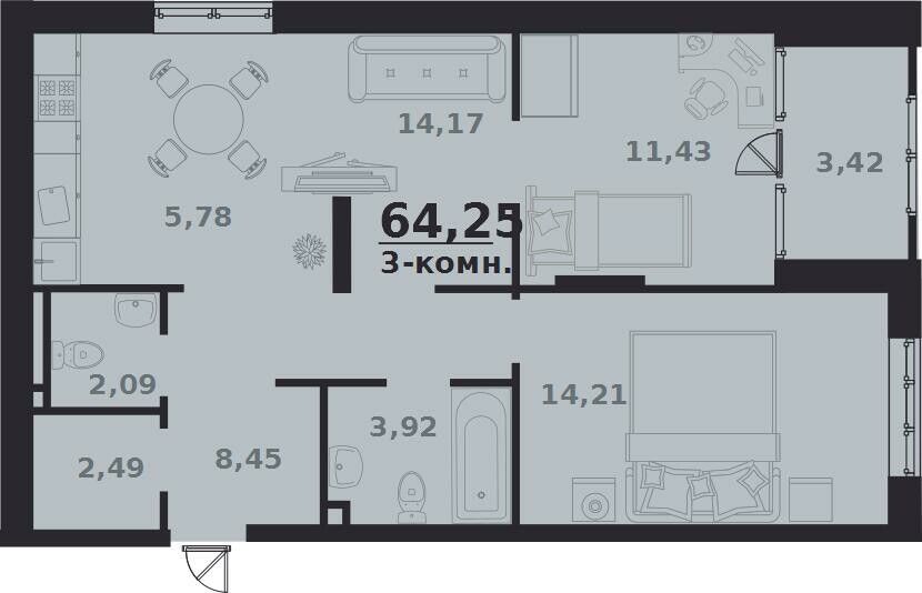 Продаётся 3-комнатная квартира, 62.5 м²