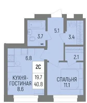 Продаётся 2-комнатная квартира, 40.8 м²