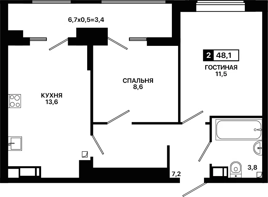 Продаётся 2-комнатная квартира, 48 м²
