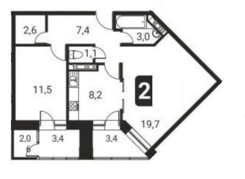 Продаётся 2-комнатная квартира, 54.7 м²