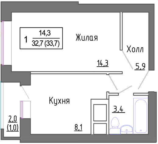 Продаётся 1-комнатная квартира, 32.7 м²