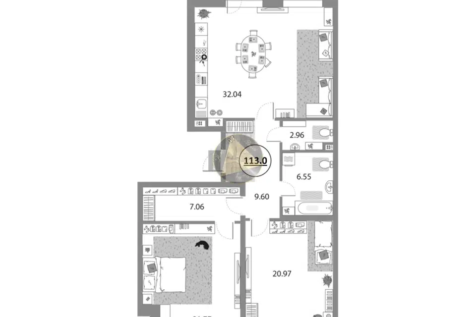 Продаётся 2-комнатная квартира, 113 м²