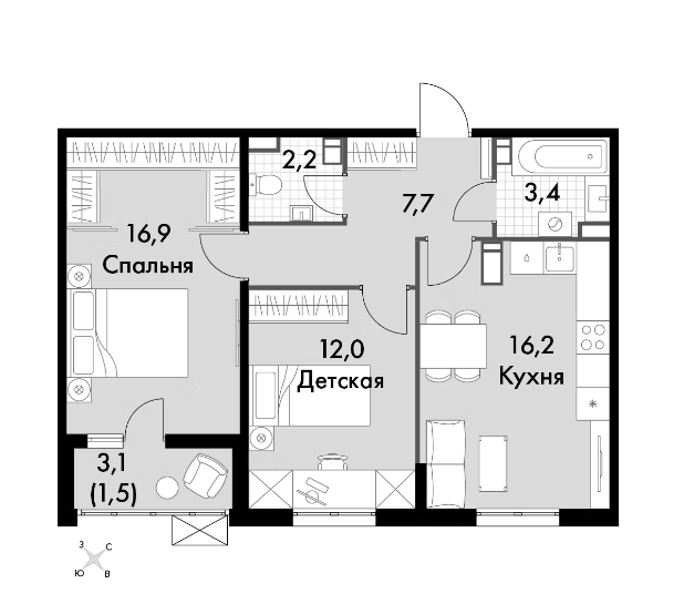 Продаётся 2-комнатная квартира, 59.9 м²