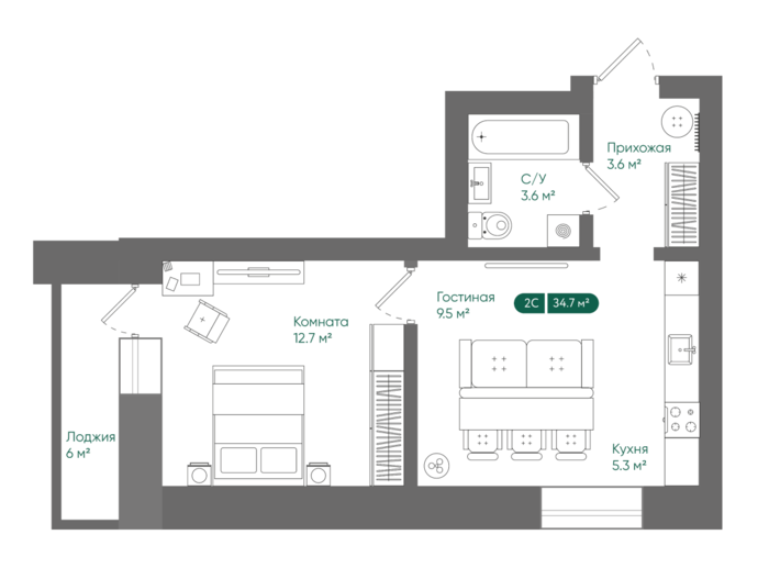 Продаётся 2-комнатная квартира, 34.7 м²