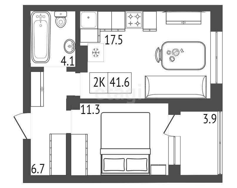 Продаётся 1-комнатная квартира, 42.2 м²