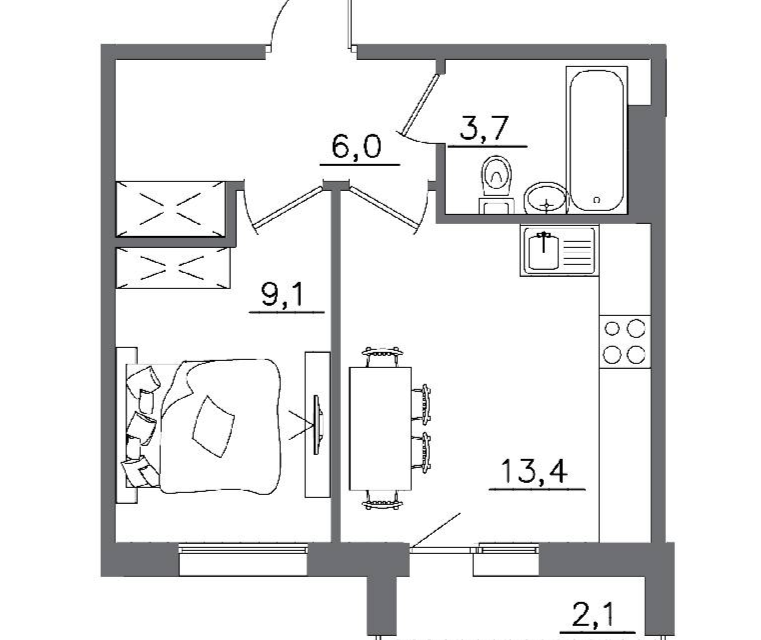 Продаётся 1-комнатная квартира, 34.4 м²