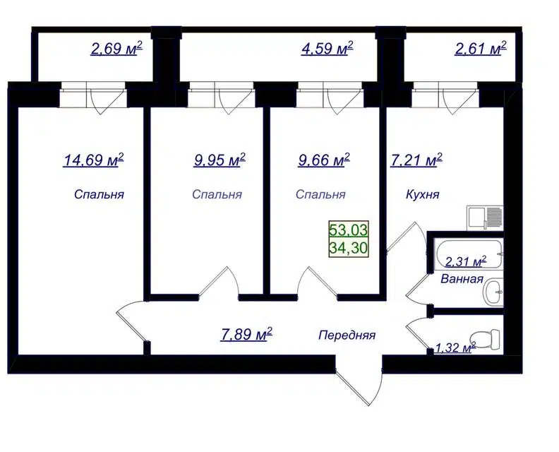 Продаётся 3-комнатная квартира, 53.03 м²