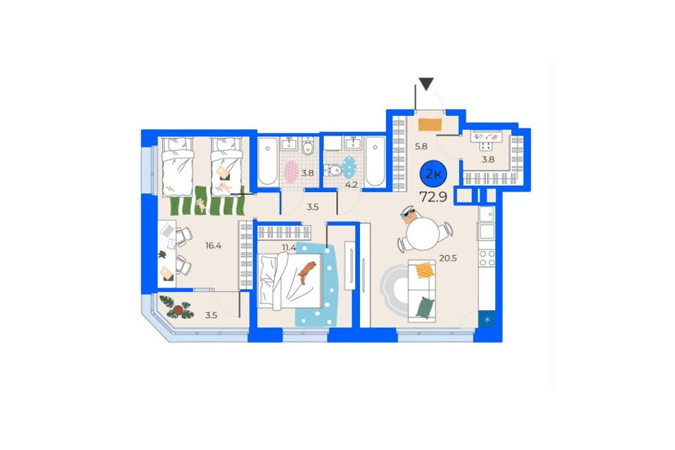 Продаётся 2-комнатная квартира, 72.9 м²