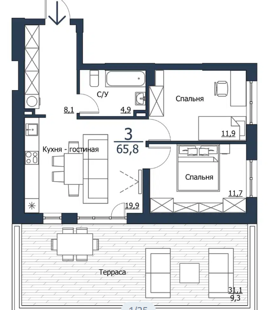 Продаётся 2-комнатная квартира, 65.8 м²