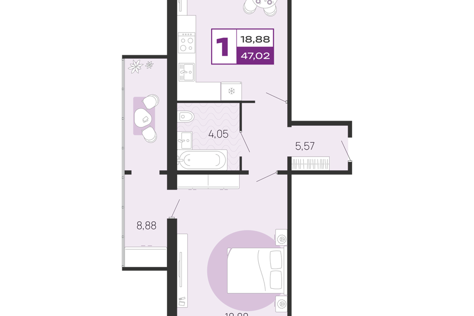 Продаётся 1-комнатная квартира, 47.02 м²
