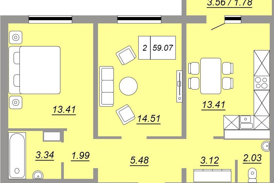 Продаётся 2-комнатная квартира, 59.07 м²