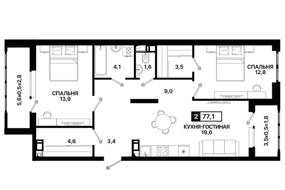 Продаётся 3-комнатная квартира, 77 м²