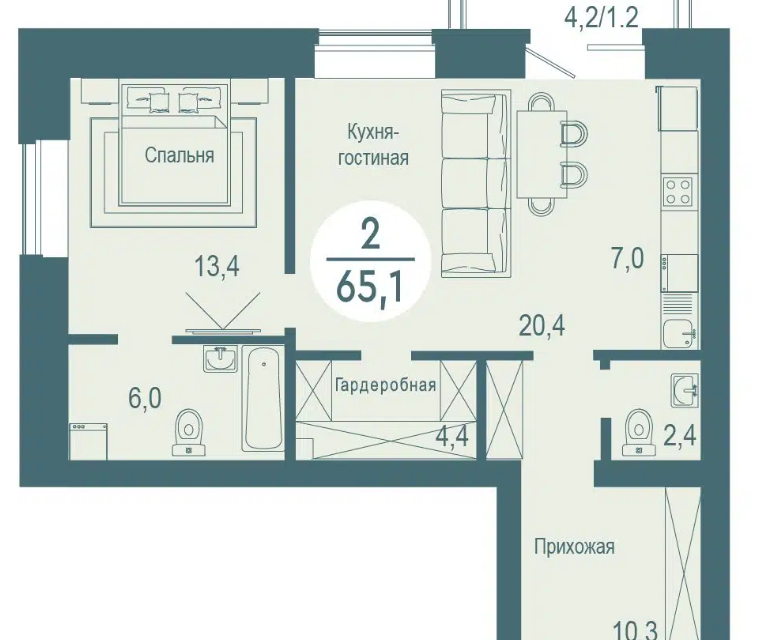 Продаётся 1-комнатная квартира, 65.1 м²