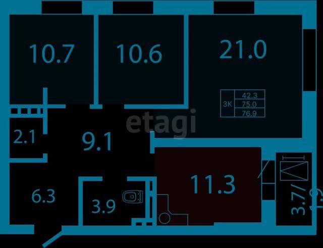 Продаётся 3-комнатная квартира, 76.9 м²